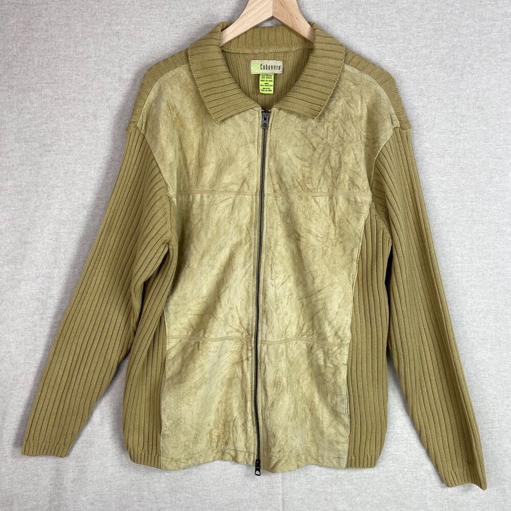 Vintage Cubavera Mens Pig Suede Jacket Size‎ XL Full Zip Sweater Tan Western 70s